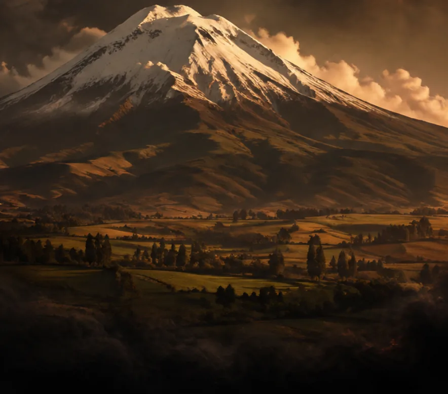El volcán Cayambe sobre el valle